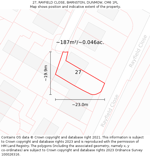 27, RAYFIELD CLOSE, BARNSTON, DUNMOW, CM6 1PL: Plot and title map