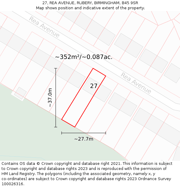27, REA AVENUE, RUBERY, BIRMINGHAM, B45 9SR: Plot and title map