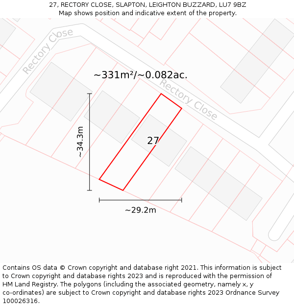 27, RECTORY CLOSE, SLAPTON, LEIGHTON BUZZARD, LU7 9BZ: Plot and title map