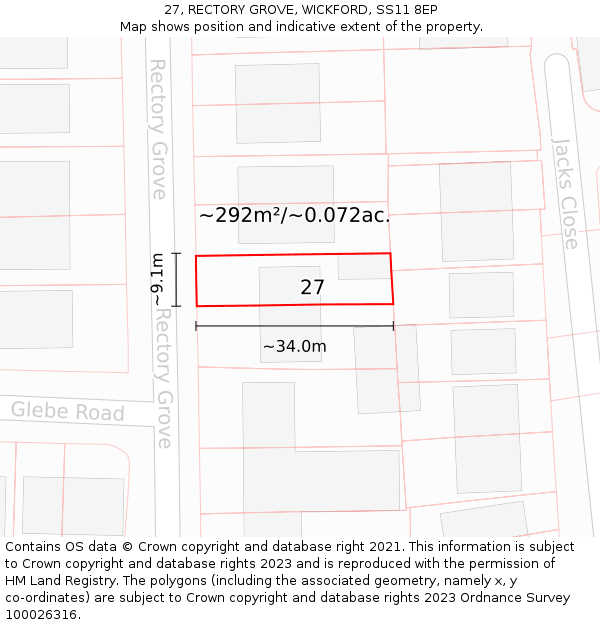27, RECTORY GROVE, WICKFORD, SS11 8EP: Plot and title map