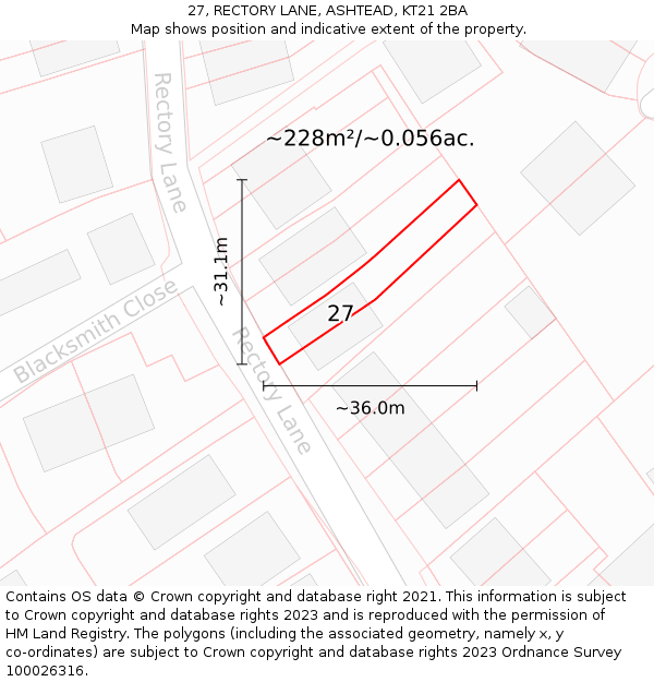 27, RECTORY LANE, ASHTEAD, KT21 2BA: Plot and title map