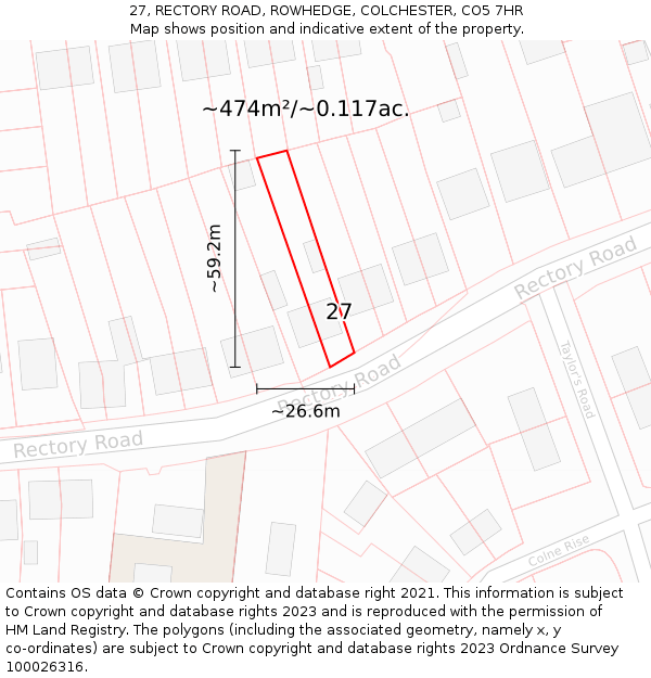 27, RECTORY ROAD, ROWHEDGE, COLCHESTER, CO5 7HR: Plot and title map