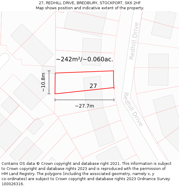 27, REDHILL DRIVE, BREDBURY, STOCKPORT, SK6 2HF: Plot and title map