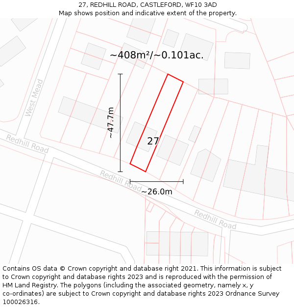 27, REDHILL ROAD, CASTLEFORD, WF10 3AD: Plot and title map