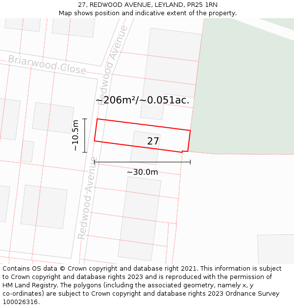 27, REDWOOD AVENUE, LEYLAND, PR25 1RN: Plot and title map