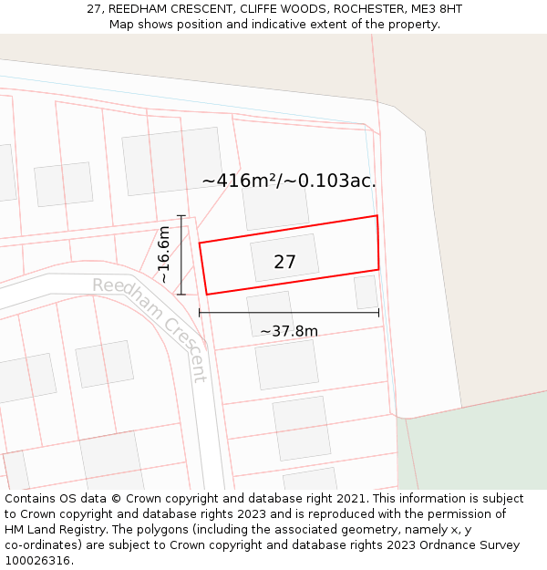 27, REEDHAM CRESCENT, CLIFFE WOODS, ROCHESTER, ME3 8HT: Plot and title map