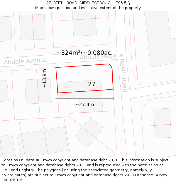 27, REETH ROAD, MIDDLESBROUGH, TS5 5JQ: Plot and title map