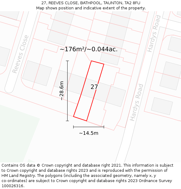 27, REEVES CLOSE, BATHPOOL, TAUNTON, TA2 8FU: Plot and title map