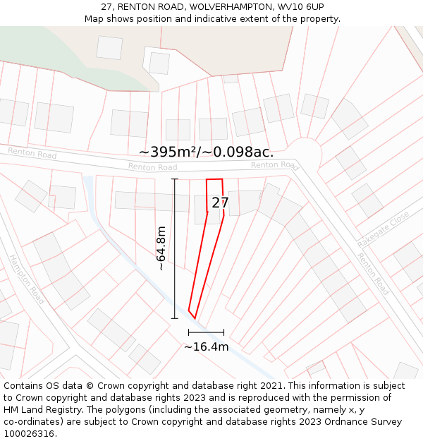 27, RENTON ROAD, WOLVERHAMPTON, WV10 6UP: Plot and title map