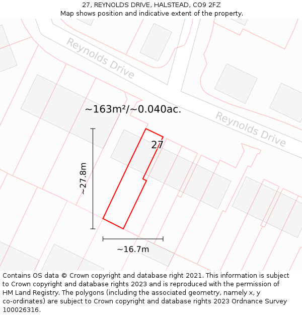 27, REYNOLDS DRIVE, HALSTEAD, CO9 2FZ: Plot and title map