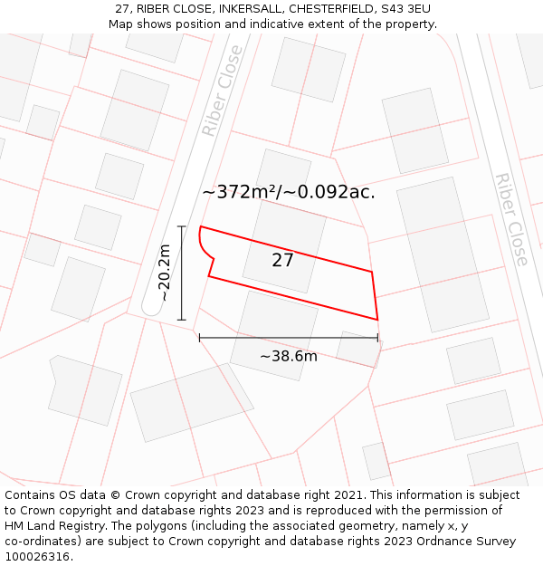 27, RIBER CLOSE, INKERSALL, CHESTERFIELD, S43 3EU: Plot and title map