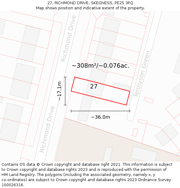 27, RICHMOND DRIVE, SKEGNESS, PE25 3PQ: Plot and title map