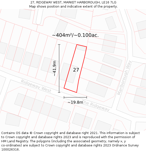 27, RIDGEWAY WEST, MARKET HARBOROUGH, LE16 7LG: Plot and title map