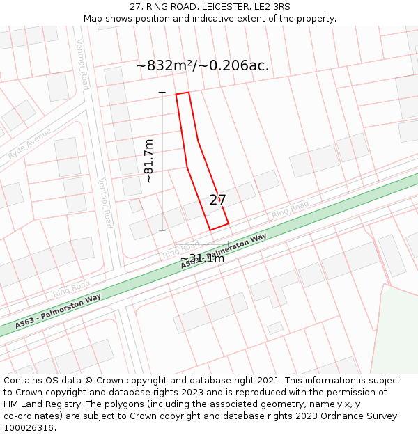 27, RING ROAD, LEICESTER, LE2 3RS: Plot and title map