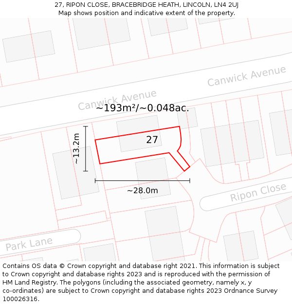 27, RIPON CLOSE, BRACEBRIDGE HEATH, LINCOLN, LN4 2UJ: Plot and title map
