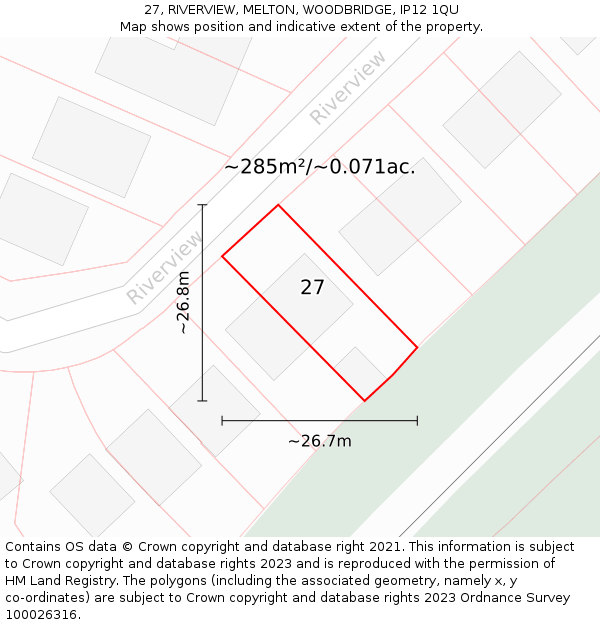 27, RIVERVIEW, MELTON, WOODBRIDGE, IP12 1QU: Plot and title map