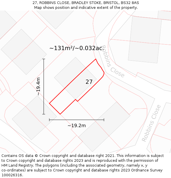 27, ROBBINS CLOSE, BRADLEY STOKE, BRISTOL, BS32 8AS: Plot and title map