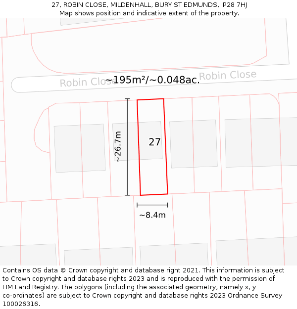 27, ROBIN CLOSE, MILDENHALL, BURY ST EDMUNDS, IP28 7HJ: Plot and title map