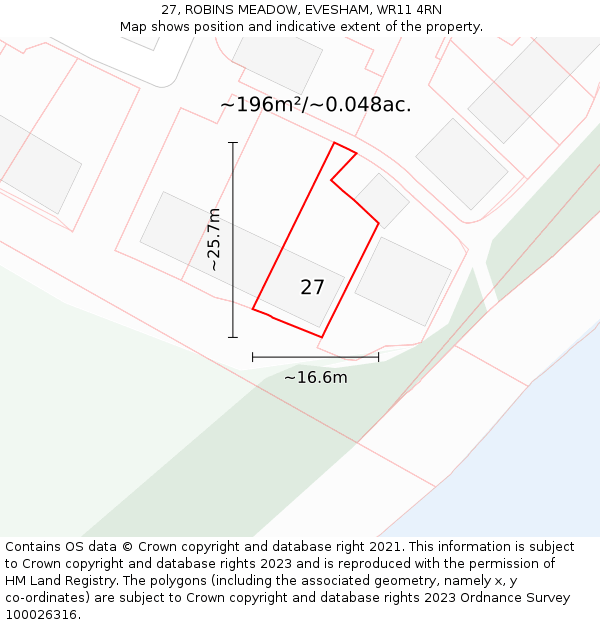 27, ROBINS MEADOW, EVESHAM, WR11 4RN: Plot and title map
