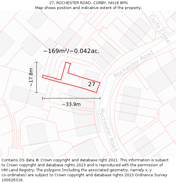 27, ROCHESTER ROAD, CORBY, NN18 8PN: Plot and title map