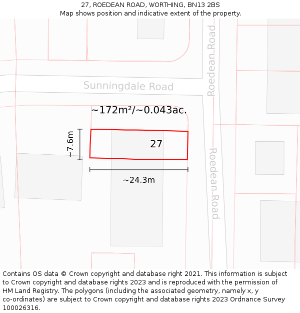 27, ROEDEAN ROAD, WORTHING, BN13 2BS: Plot and title map