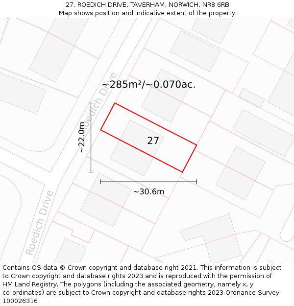 27, ROEDICH DRIVE, TAVERHAM, NORWICH, NR8 6RB: Plot and title map