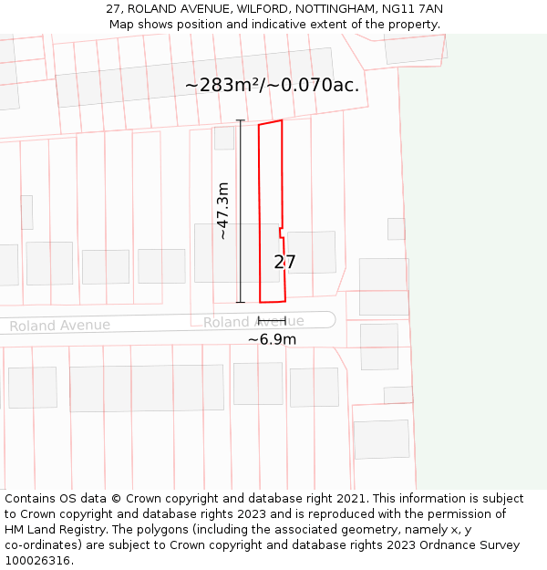 27, ROLAND AVENUE, WILFORD, NOTTINGHAM, NG11 7AN: Plot and title map
