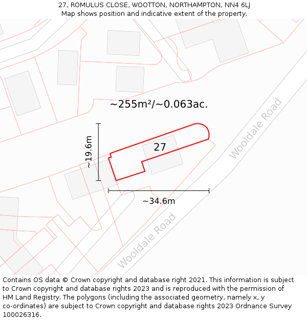 27, ROMULUS CLOSE, WOOTTON, NORTHAMPTON, NN4 6LJ: Plot and title map