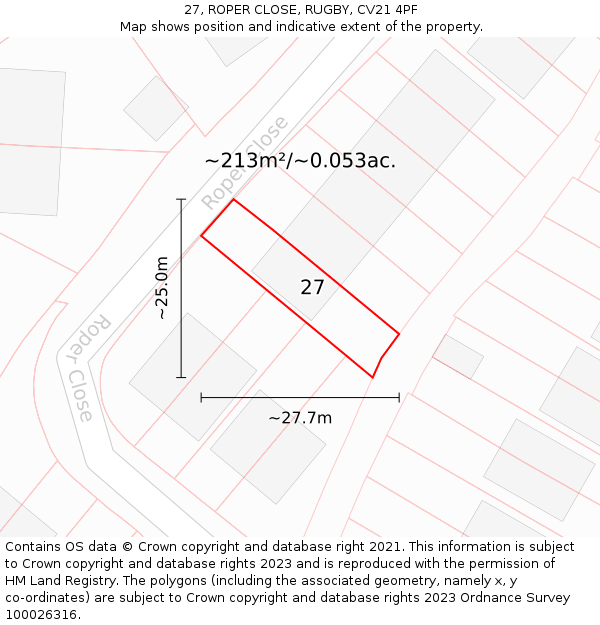 27, ROPER CLOSE, RUGBY, CV21 4PF: Plot and title map