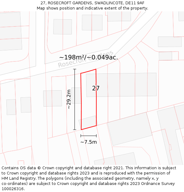 27, ROSECROFT GARDENS, SWADLINCOTE, DE11 9AF: Plot and title map