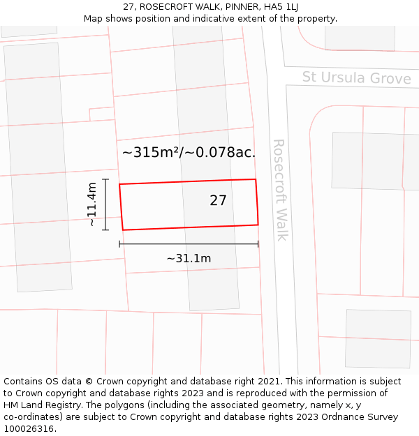 27, ROSECROFT WALK, PINNER, HA5 1LJ: Plot and title map