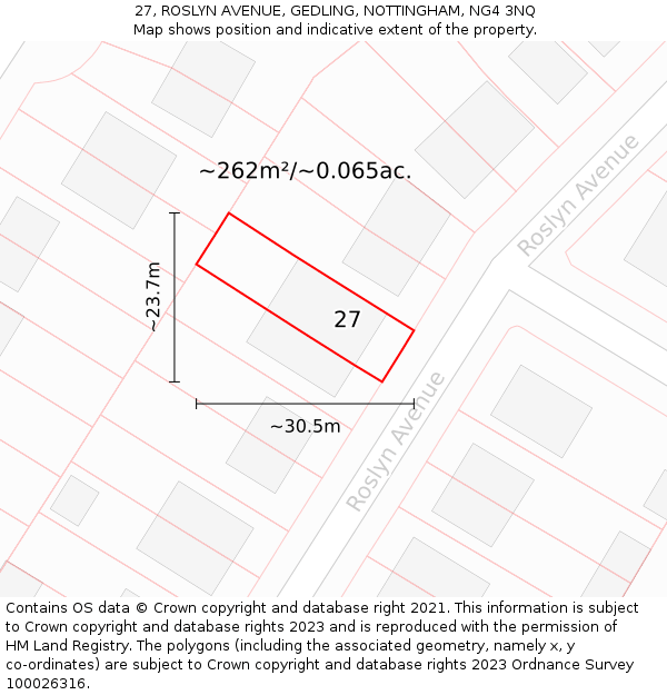 27, ROSLYN AVENUE, GEDLING, NOTTINGHAM, NG4 3NQ: Plot and title map