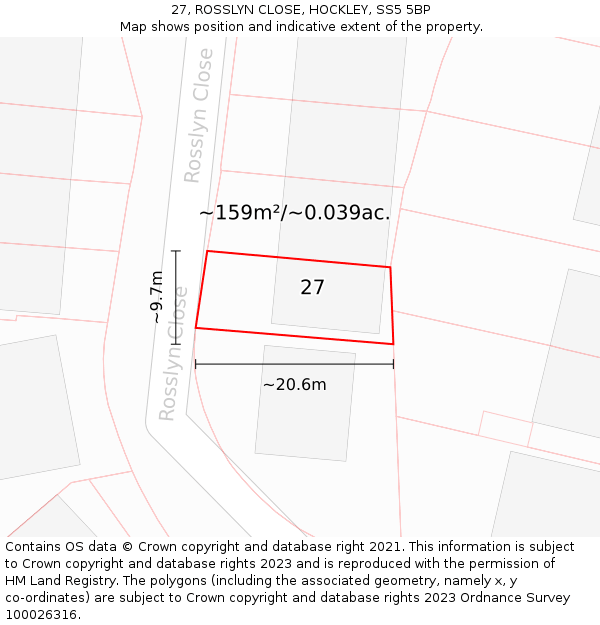 27, ROSSLYN CLOSE, HOCKLEY, SS5 5BP: Plot and title map