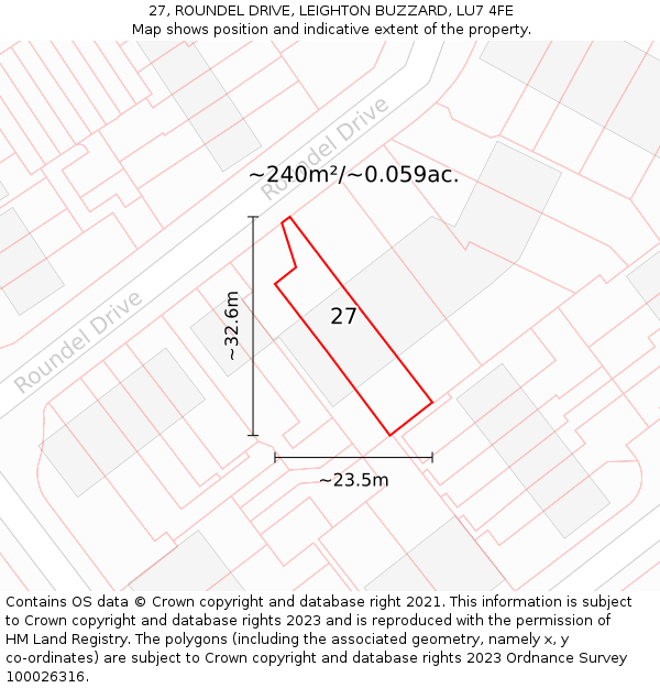 27, ROUNDEL DRIVE, LEIGHTON BUZZARD, LU7 4FE: Plot and title map