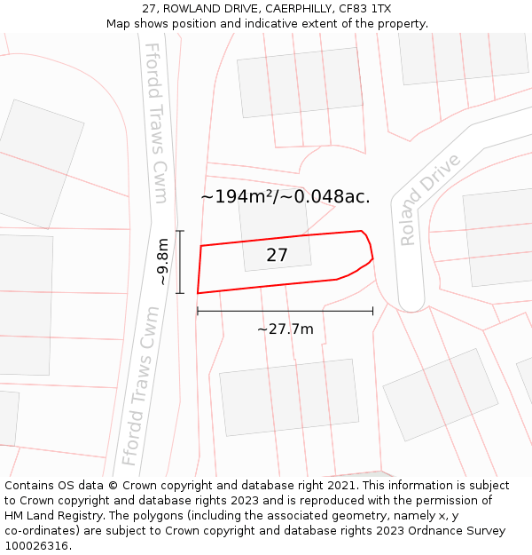 27, ROWLAND DRIVE, CAERPHILLY, CF83 1TX: Plot and title map