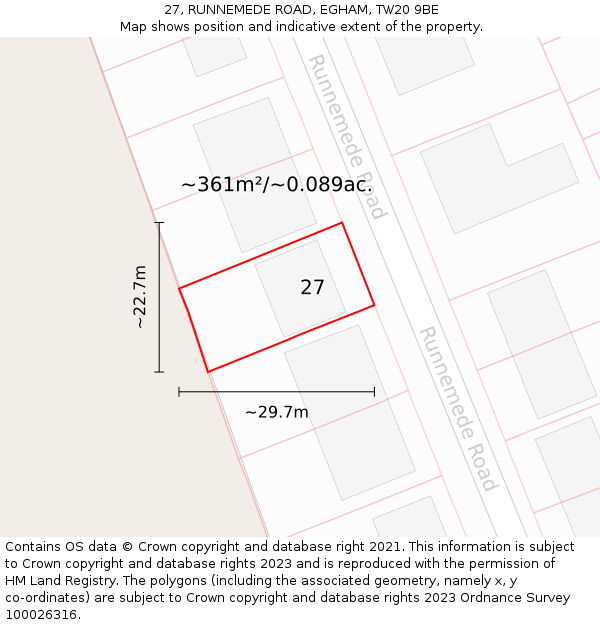 27, RUNNEMEDE ROAD, EGHAM, TW20 9BE: Plot and title map