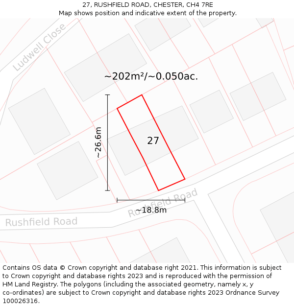 27, RUSHFIELD ROAD, CHESTER, CH4 7RE: Plot and title map