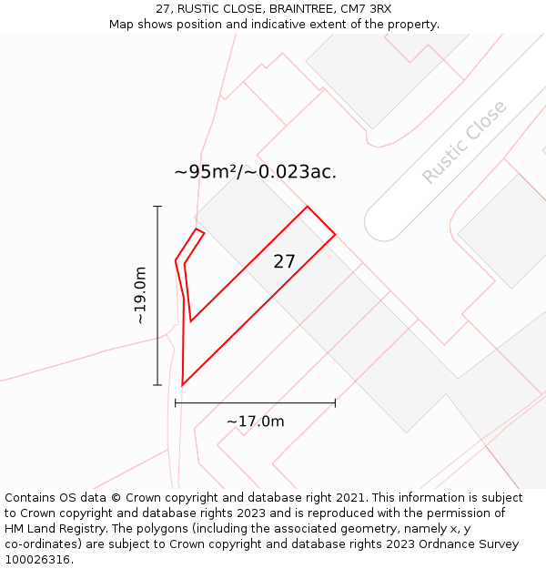 27, RUSTIC CLOSE, BRAINTREE, CM7 3RX: Plot and title map