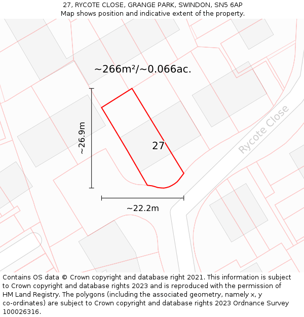 27, RYCOTE CLOSE, GRANGE PARK, SWINDON, SN5 6AP: Plot and title map