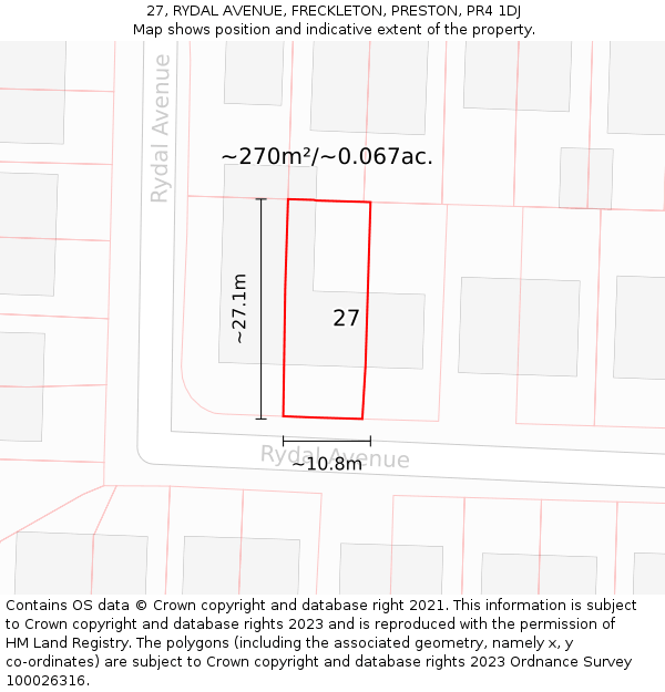 27, RYDAL AVENUE, FRECKLETON, PRESTON, PR4 1DJ: Plot and title map