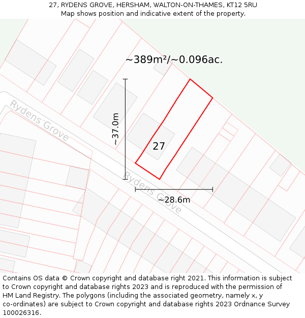 27, RYDENS GROVE, HERSHAM, WALTON-ON-THAMES, KT12 5RU: Plot and title map