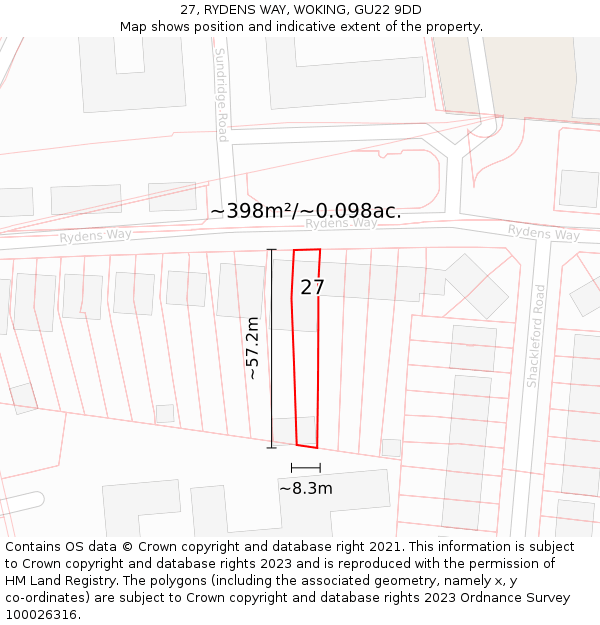 27, RYDENS WAY, WOKING, GU22 9DD: Plot and title map