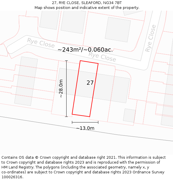 27, RYE CLOSE, SLEAFORD, NG34 7BT: Plot and title map