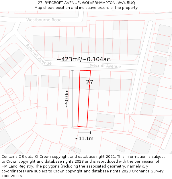 27, RYECROFT AVENUE, WOLVERHAMPTON, WV4 5UQ: Plot and title map
