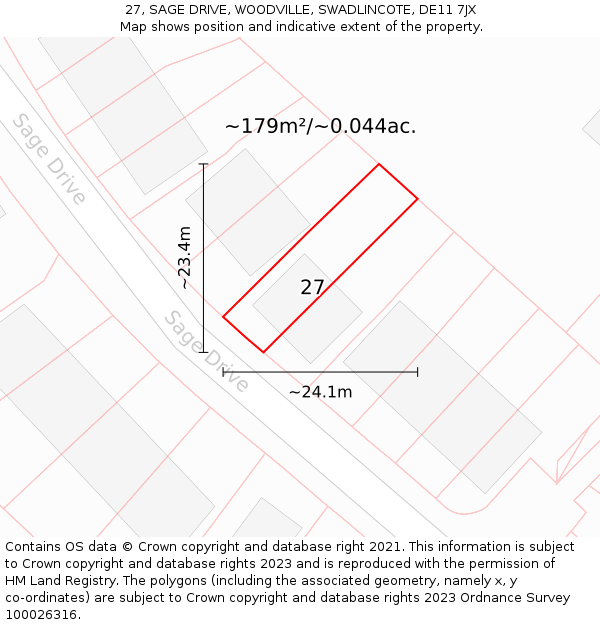 27, SAGE DRIVE, WOODVILLE, SWADLINCOTE, DE11 7JX: Plot and title map