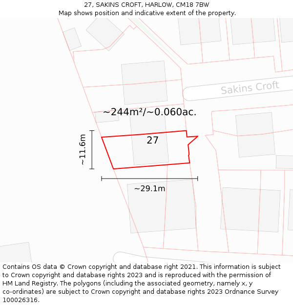 27, SAKINS CROFT, HARLOW, CM18 7BW: Plot and title map