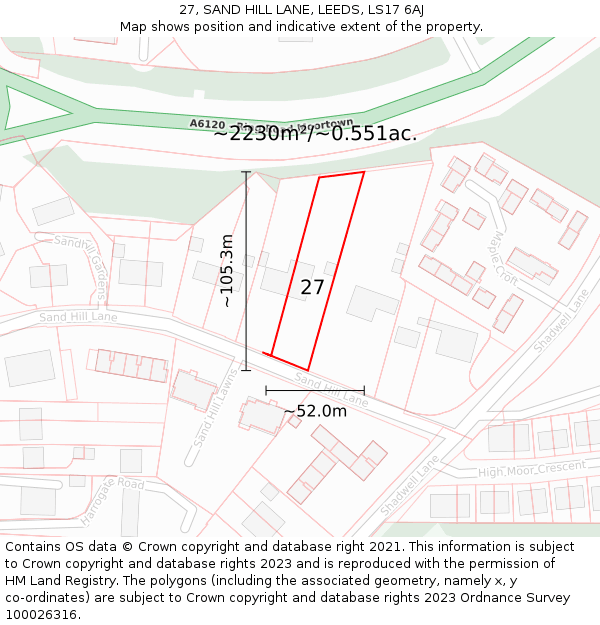 27, SAND HILL LANE, LEEDS, LS17 6AJ: Plot and title map