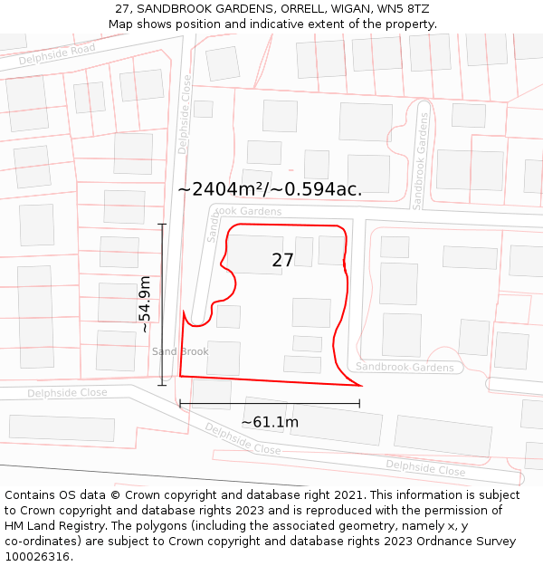 27, SANDBROOK GARDENS, ORRELL, WIGAN, WN5 8TZ: Plot and title map