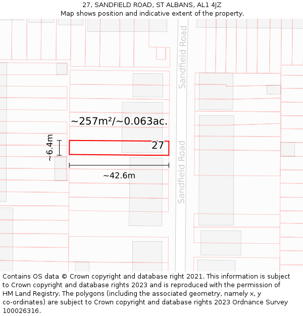 27, SANDFIELD ROAD, ST ALBANS, AL1 4JZ: Plot and title map