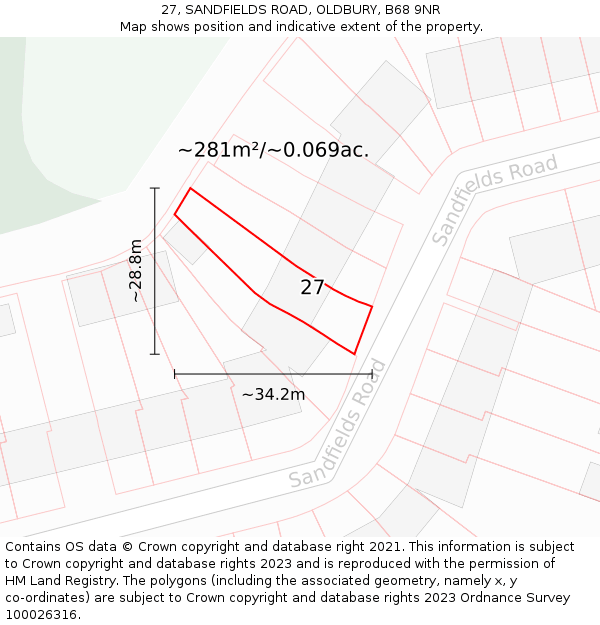 27, SANDFIELDS ROAD, OLDBURY, B68 9NR: Plot and title map